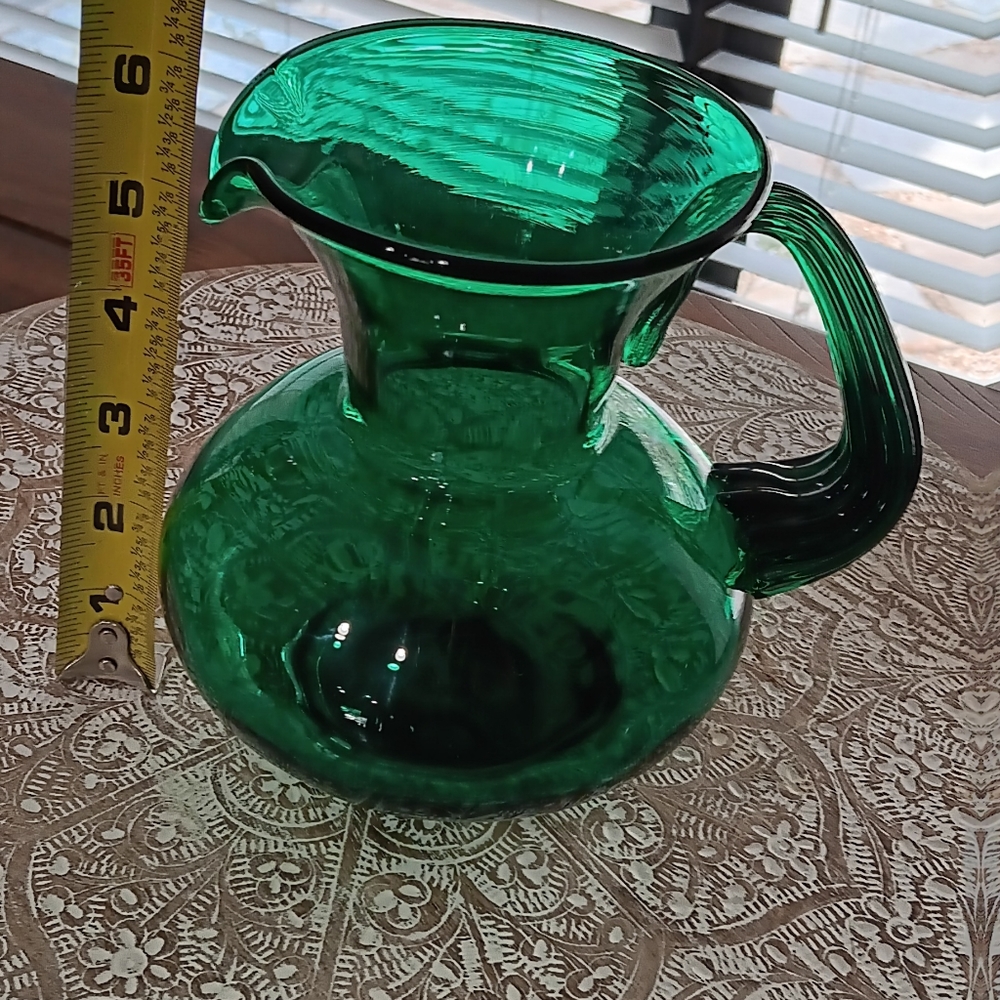 Rare Vintage Hand-blown Pine/Emerald Blenko Glass Pitcher